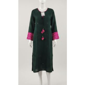 Dark green cotton kurti with pink striped sleeves India
