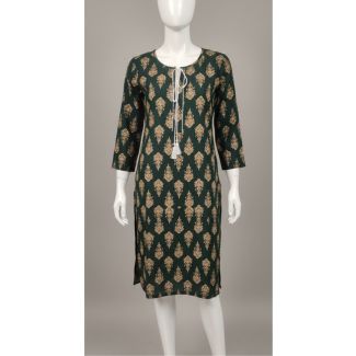 Dark green floral print cotton kurti 3/4 sleeve A-line - Gangavathi Exports