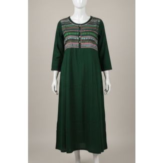 Dark green A-line kurti with multi-color striped print yoke and 3/4 sleeves, displayed on a mannequin in India