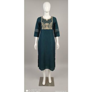 Dark teal cotton kurti with gold yoke embroidery and 3/4 sleeves