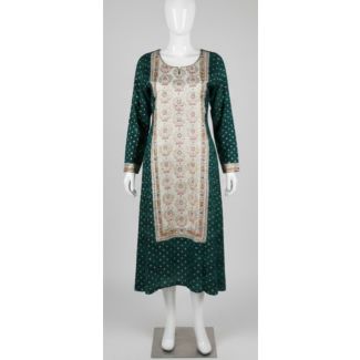 Deep green long A-line kurti with contrasting cream ethnic panel on mannequin India