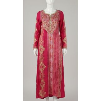 Deep pink long straight cut kurti with elaborate gold and pink vertical prints India