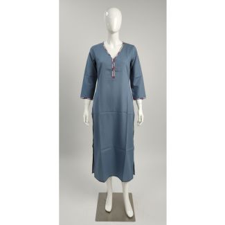 Dusty blue cotton kurti with V-neck and 3/4 sleeves on a mannequin India