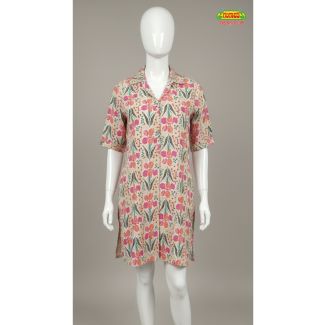 Beige floral cotton kurti with short sleeves India