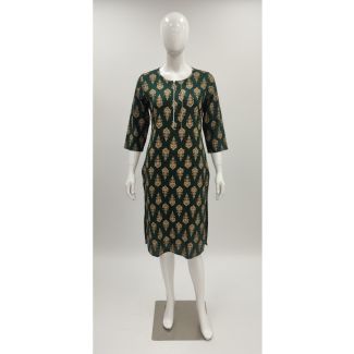Forest green floral print cotton kurti 3/4 sleeve - Gangavathi Exports