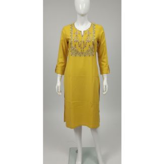 Golden yellow embroidered cotton straight kurti India