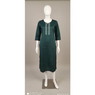 Deep green cotton kurti with 3/4 sleeves and embroidered neckline