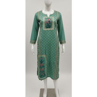 Teal green cotton A-line kurti featuring white polka dots and red floral print panels - Gangavathi Exports