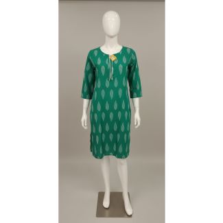 Emerald green straight cut cotton kurti with white leaf print and 3/4 sleeves on mannequin