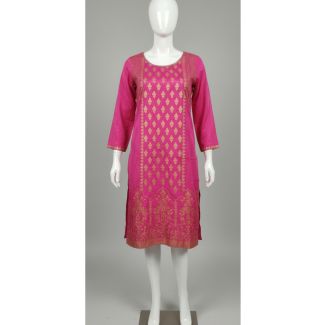 Hot pink printed cotton kurti with gold motifs 3/4 sleeve India