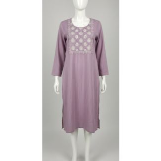 Lavender mauve cotton kurti with floral yoke embroidery and 3/4 sleeves