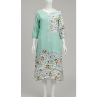 Light green floral cotton kurti 3/4 sleeve A-line India
