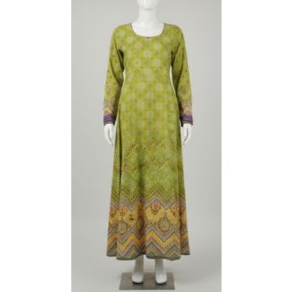 Lime green printed long A-line kurti with full sleeves displayed on a mannequin in India