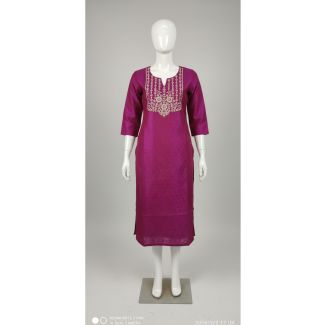 Magenta silk kurti with embroidery 3/4 sleeve knee length India