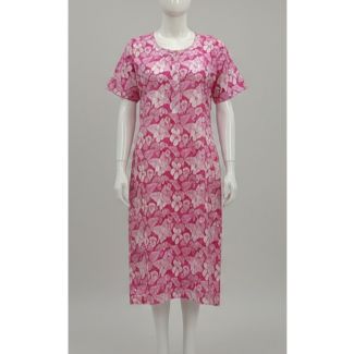 Magenta floral printed cotton dress with short sleeves - Gangavathi Exports