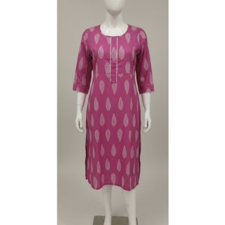 Magenta cotton kurti with all-over white leaf print, knee length, 3/4 sleeves on a mannequin