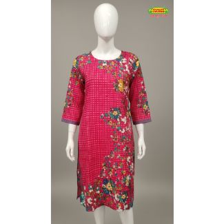 Magenta pink floral cotton kurti with 3/4 sleeves and grid pattern India