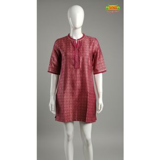 Maroon brocade pattern short kurti tunic with 3/4 sleeves displayed on a white mannequin