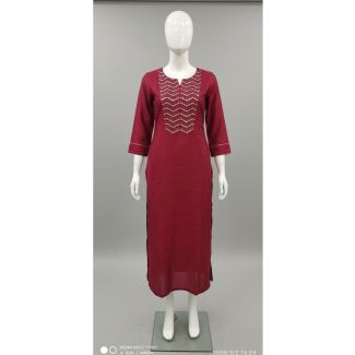Maroon straight cut cotton kurti with silver chevron embroidery and 3/4 sleeves