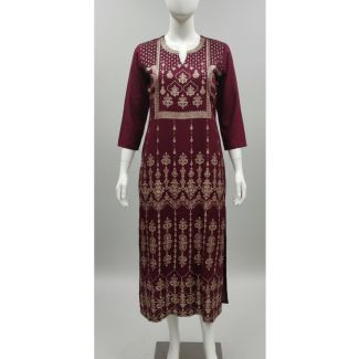 Maroon embroidered cotton kurti with 3/4 sleeves and A-line cut - Gangavathi Exports
