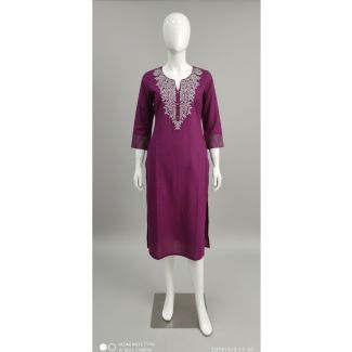 Maroon embroidered cotton kurti 3/4 sleeve straight fit India