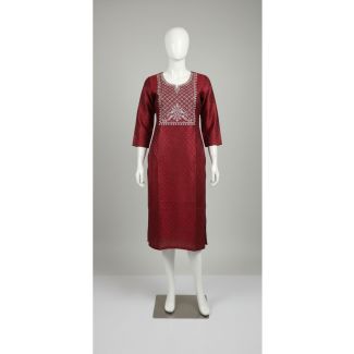 Maroon Embroidered Cotton Kurti 3/4 Sleeve Straight Cut India