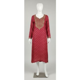 Maroon cotton kurti with gold polka dots and heavy V-neck embroidery on mannequin India