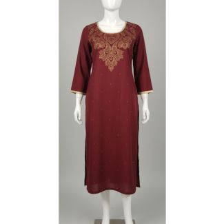 Maroon embroidered kurti 3/4 sleeve A-line with gold detailing - Gangavathi Exports