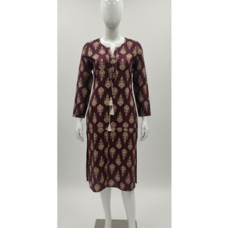 Maroon floral cotton kurti with 3/4 sleeves and A-line fit - Gangavathi Exports