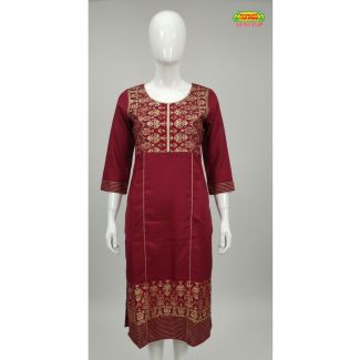 Maroon gold print cotton kurti 3/4 sleeve straight fit - Gangavathi Exports