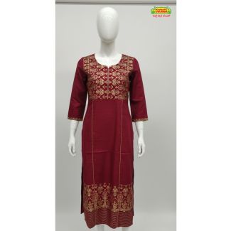 Maroon gold print cotton kurti 3/4 sleeve A-line - Gangavathi Exports