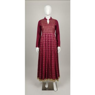 Maroon Anarkali style kurta dress with gold horizontal stripe yoke and geometric print skirt