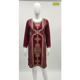 Deep maroon printed straight fit kurti with intricate gold and multicolored motifs and full sleeves - Gangavathi Exports