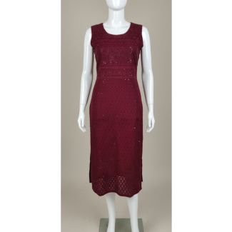 Maroon sleeveless embroidered A-line kurti knee length India