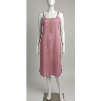 Mauve sleeveless slub cotton kurti with gold chest embroidery