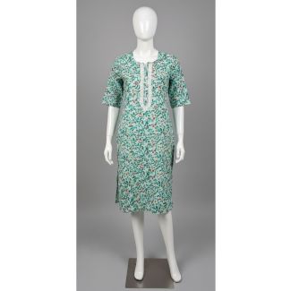 Mint green floral cotton kurti with 3/4 sleeve and A-line - Gangavathi Exports