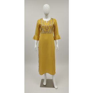 Mustard yellow embroidered kurti 3/4 sleeve A-line India