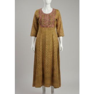 Mustard yellow embroidered cotton kurti with 3/4 sleeves and A-line fit - Gangavathi Exports