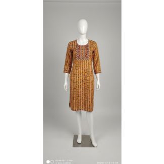 Mustard yellow embroidered cotton kurti 3/4 sleeve straight cut - Gangavathi Exports
