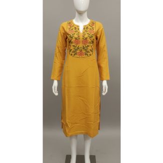 Mustard yellow embroidered cotton kurti with full sleeves and a straight cut - Gangavathi Exports