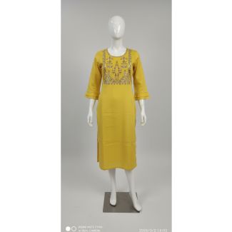 Mustard yellow cotton kurti with detailed embroidery on yoke worn by a mannequin India