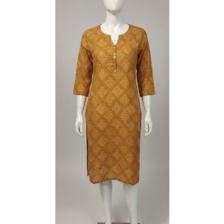 Mustard yellow geometric print kurti with notch neckline and 3/4 sleeves - Gangavathi Exports