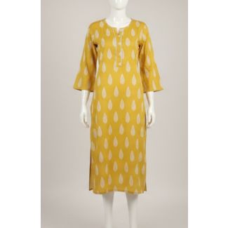 Mustard yellow cotton kurti with white teardrop print, 3/4 bell sleeves, displayed on a mannequin.