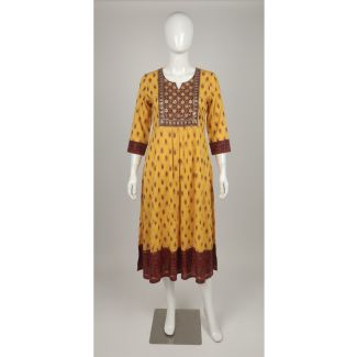Mustard yellow printed cotton kurti 3/4 sleeve A-line - Gangavathi Exports