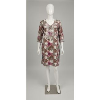 Muted taupe tropical print kurti with white thread embroidered V-neck and 3/4 sleeves - Gangavathi Exports