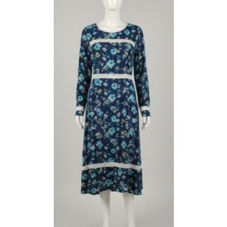 Navy blue floral cotton blend kurti with long sleeves and lace trim