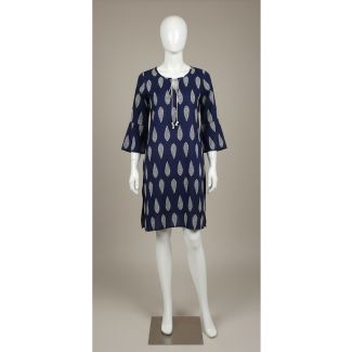 Navy blue cotton kurti with white paisley print, 3/4 bell sleeves, and tassel neckline on a mannequin.