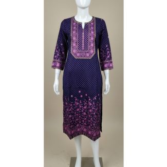Navy blue floral cotton kurti 3/4 sleeve A-line India