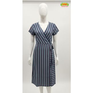 Navy Blue Striped Wrap Dress with Flutter Sleeves - Gangavathi Exports