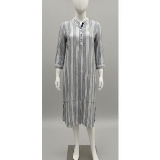 Navy blue and white striped cotton kurti with 3/4 sleeves and a mandarin collar - Gangavathi Exports